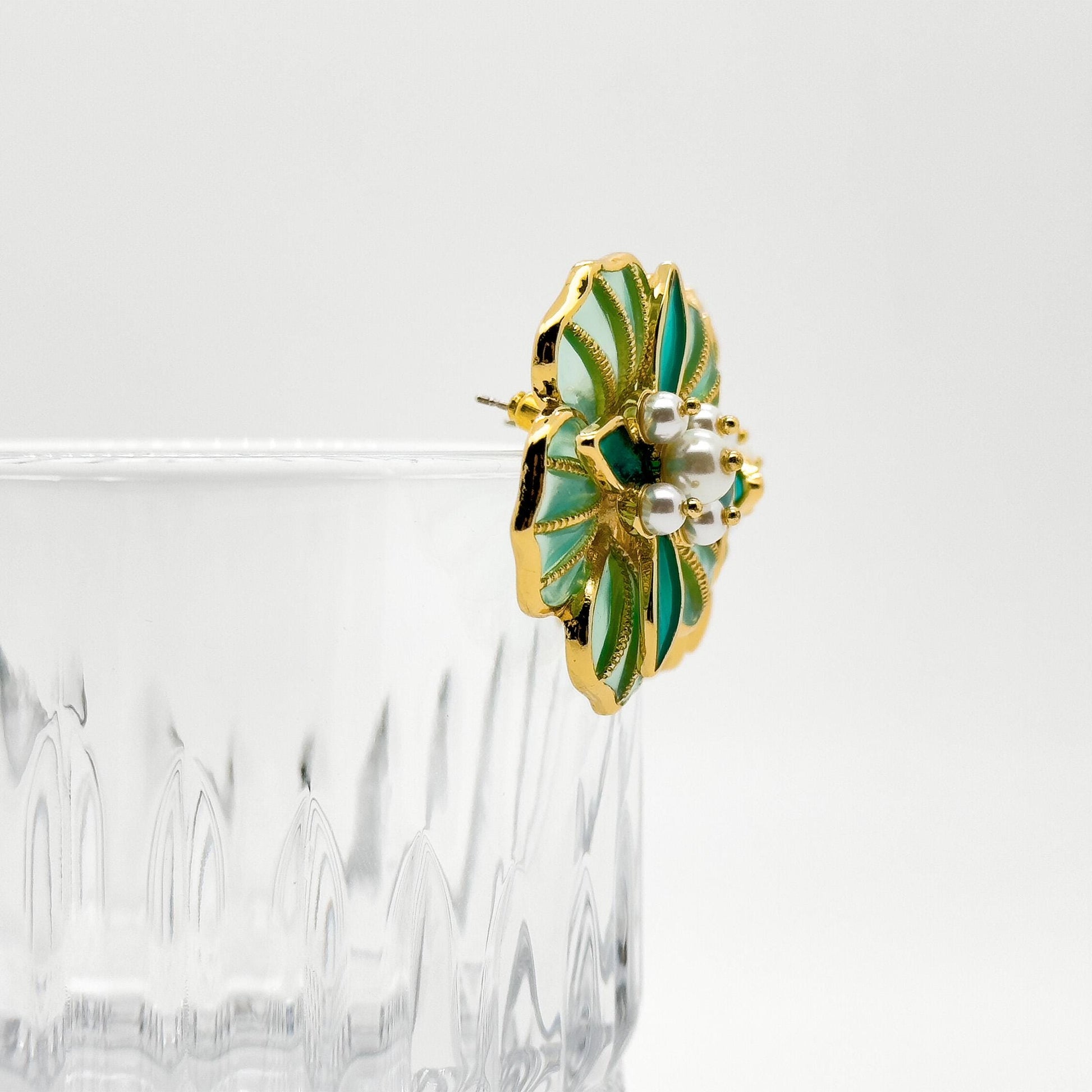 French Vintage Green Floral Stud Earrings with Pearls and Resin