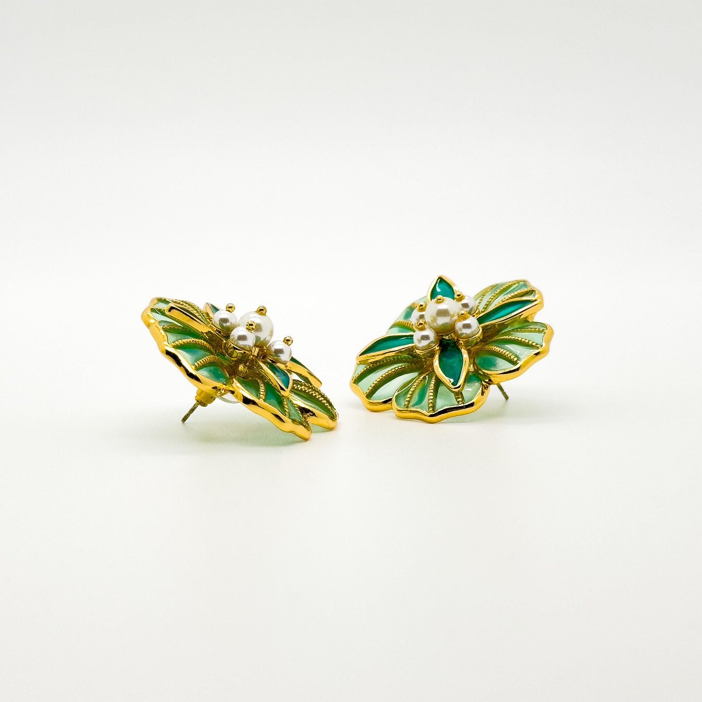 French Vintage Green Floral Stud Earrings with Pearls and Resin