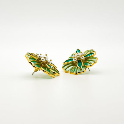 French Vintage Green Floral Stud Earrings with Pearls and Resin