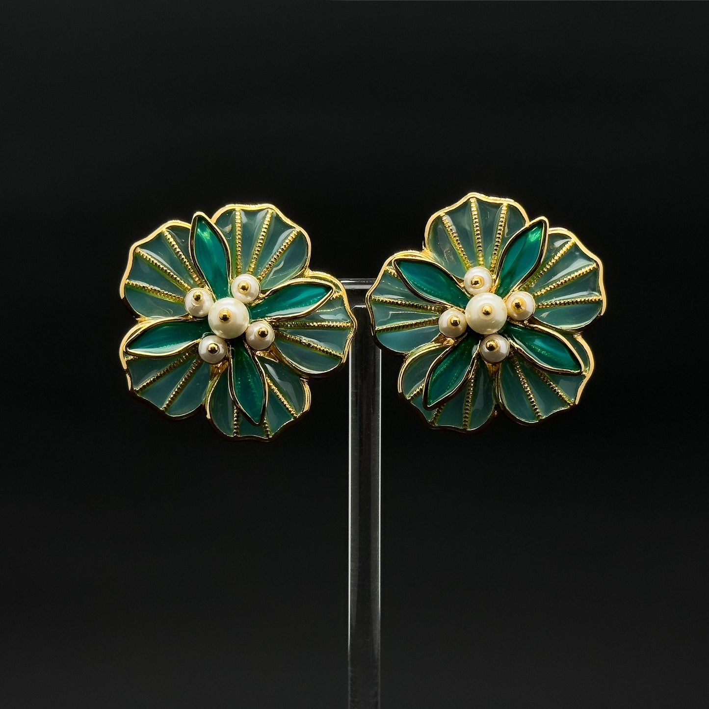 French Vintage Green Floral Stud Earrings with Pearls and Resin