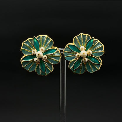 French Vintage Green Floral Stud Earrings with Pearls and Resin