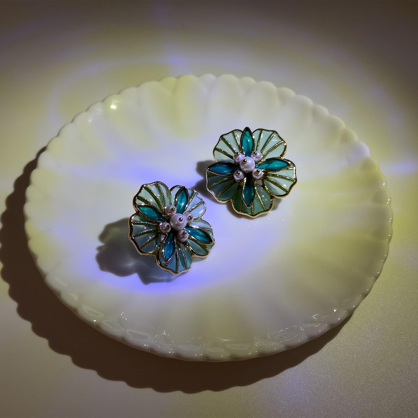 French Vintage Green Floral Stud Earrings with Pearls and Resin