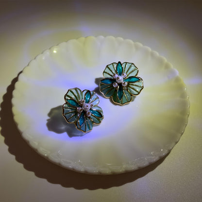 French Vintage Green Floral Stud Earrings with Pearls and Resin