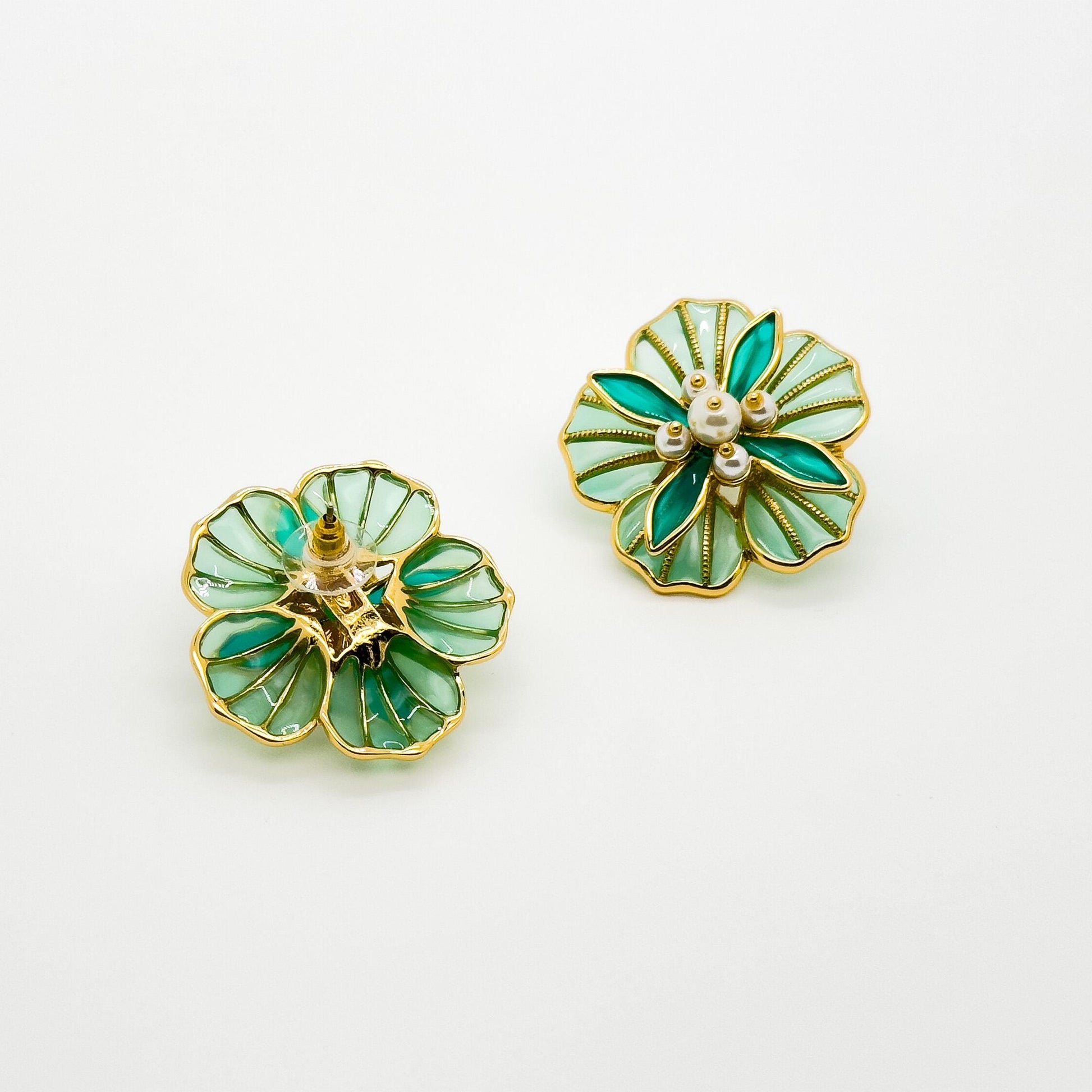 French Vintage Green Floral Stud Earrings with Pearls and Resin