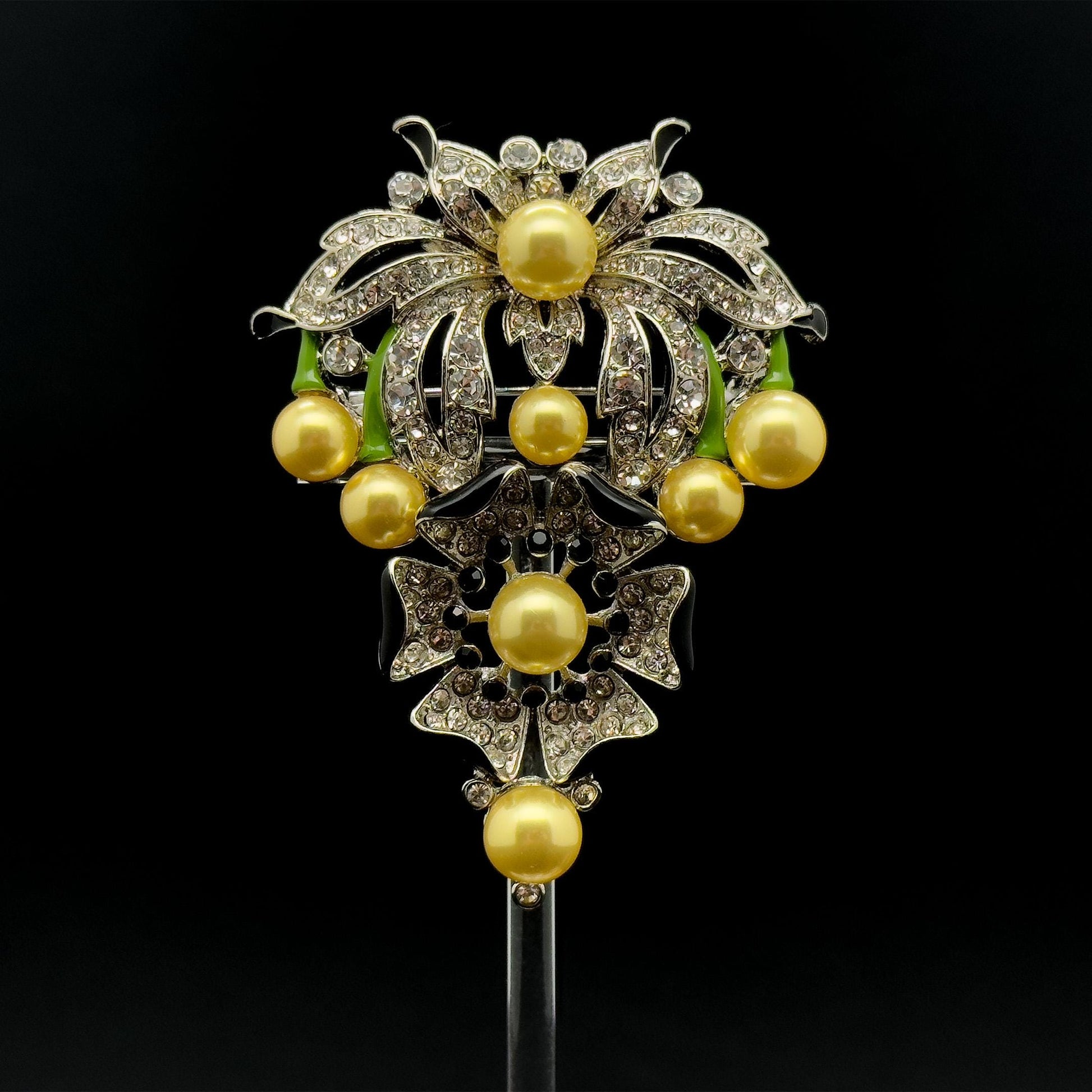 Gold Pearl Flower Brooch with Rhinestones and Enamel Details