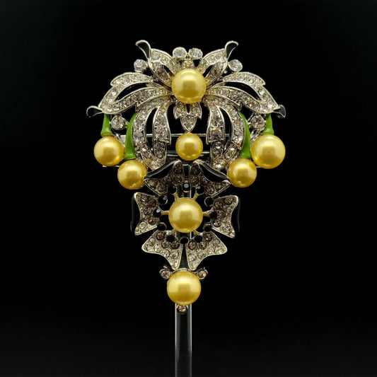 Gold Pearl Flower Brooch with Rhinestones and Enamel Details