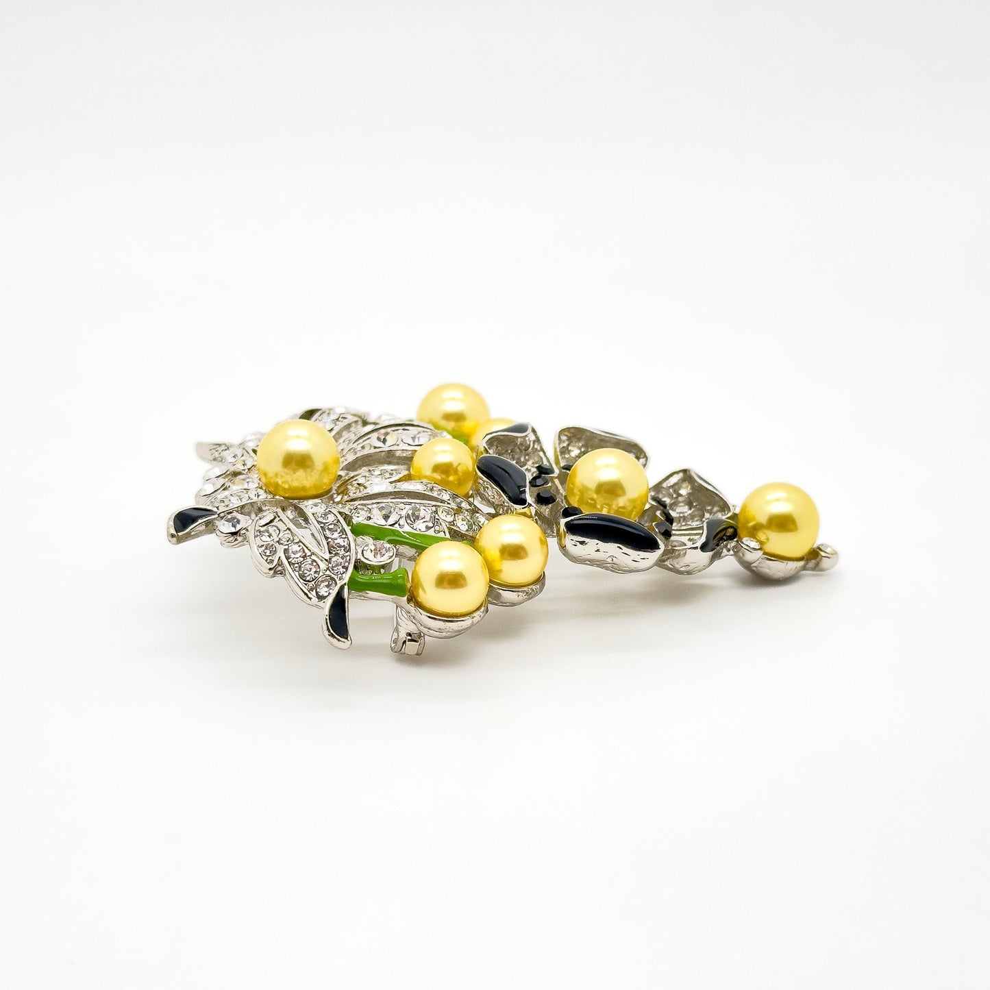 Gold Pearl Flower Brooch with Rhinestones and Enamel Details