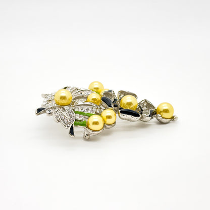 Gold Pearl Flower Brooch with Rhinestones and Enamel Details