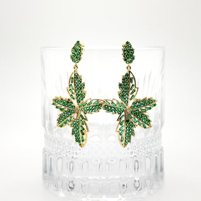 Vintage Green Leaf Clip-On Earrings Art Deco Glass Gold-Plated