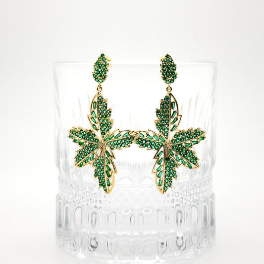 Vintage Green Leaf Clip-On Earrings Art Deco Glass Gold-Plated