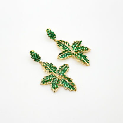 Vintage Green Leaf Clip-On Earrings Art Deco Glass Gold-Plated