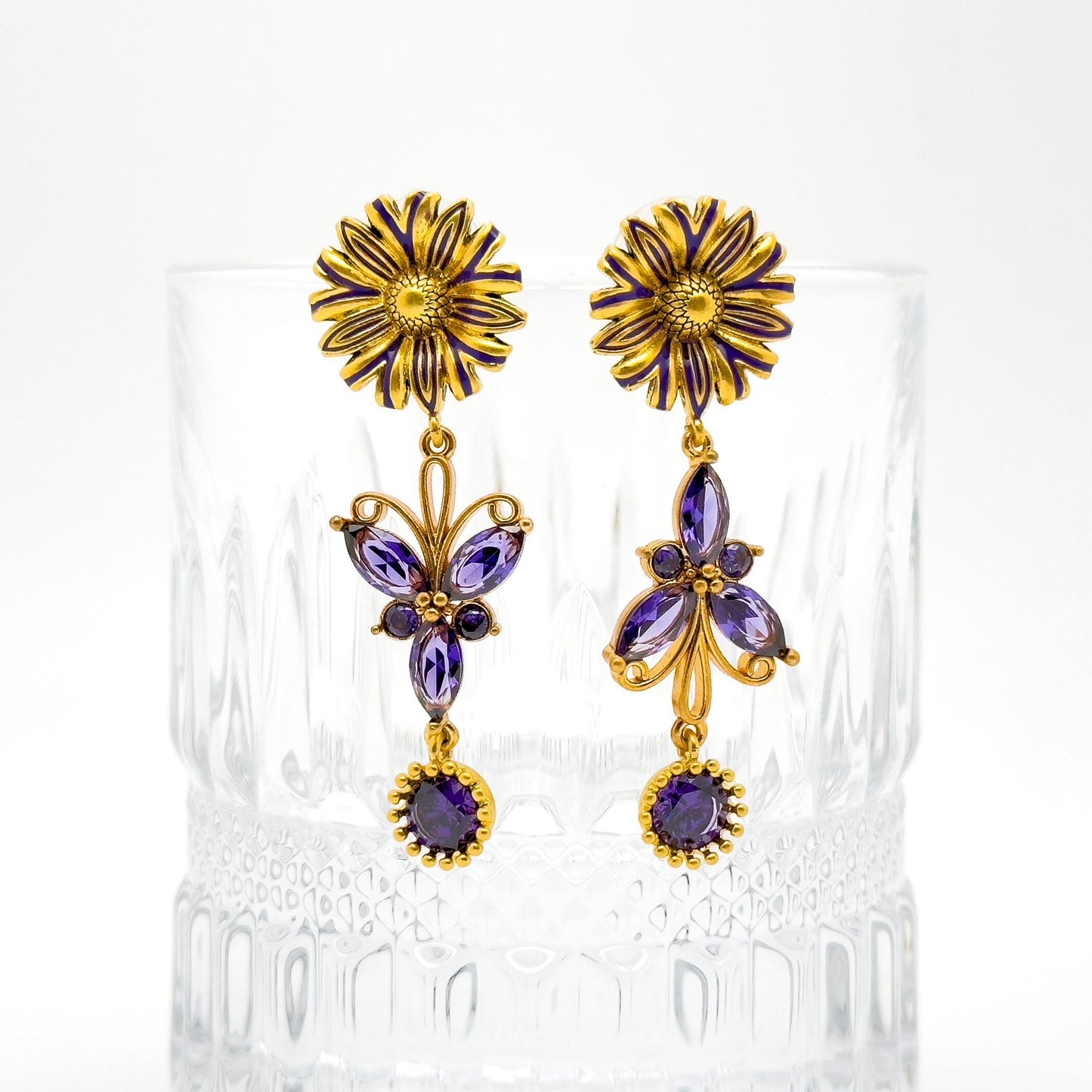 French Vintage Purple Butterfly Dangle Earrings with Crystal Flowers