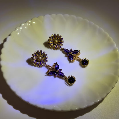 French Vintage Purple Butterfly Dangle Earrings with Crystal Flowers