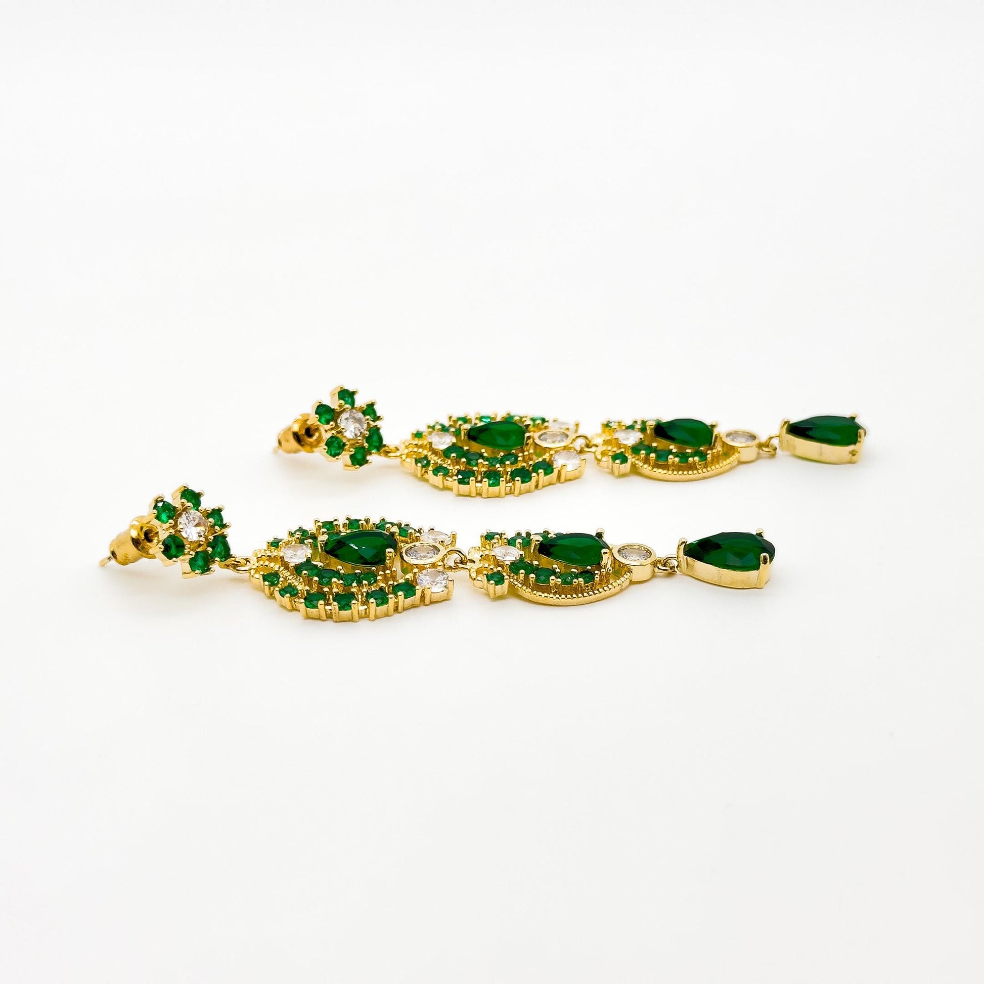 French Vintage Green Zircon Long Tassel Earrings, Gold-Plated Art Deco