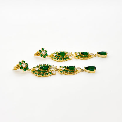 French Vintage Green Zircon Long Tassel Earrings, Gold-Plated Art Deco