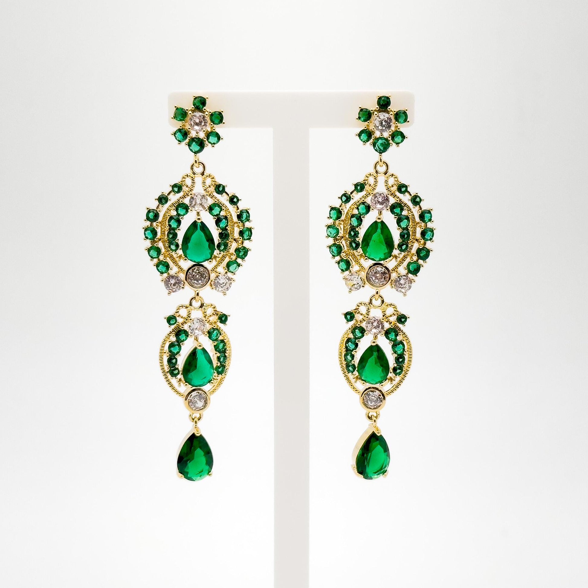 French Vintage Green Zircon Long Tassel Earrings, Gold-Plated Art Deco