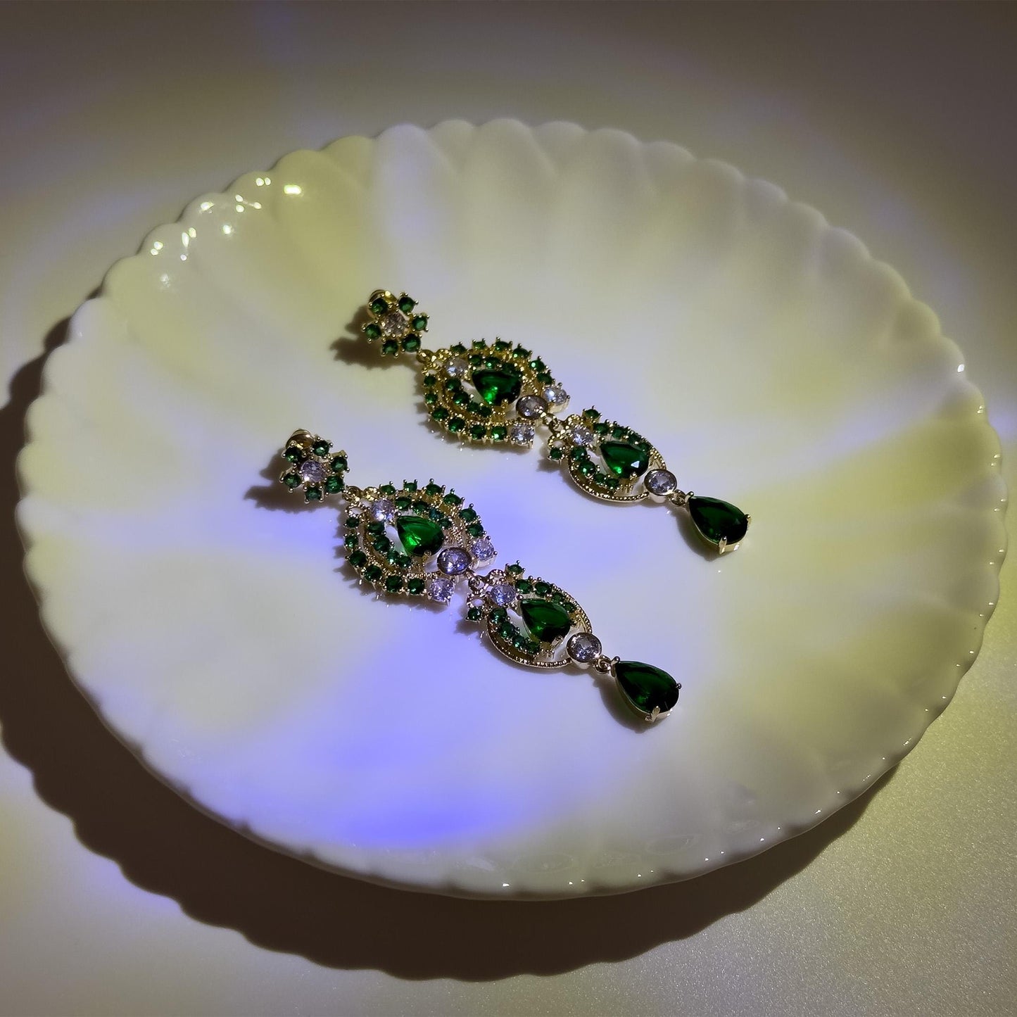 French Vintage Green Zircon Long Tassel Earrings, Gold-Plated Art Deco