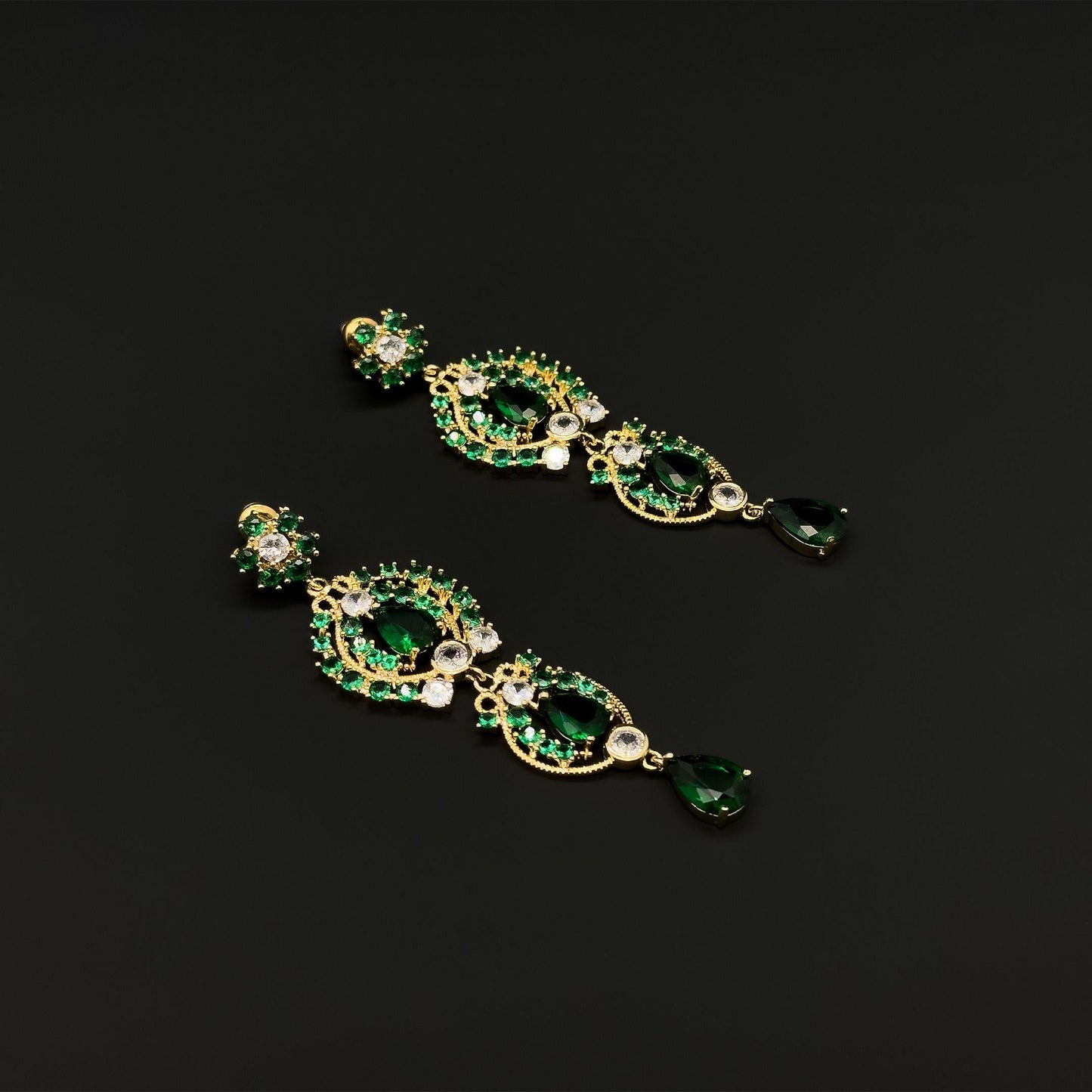 French Vintage Green Zircon Long Tassel Earrings, Gold-Plated Art Deco
