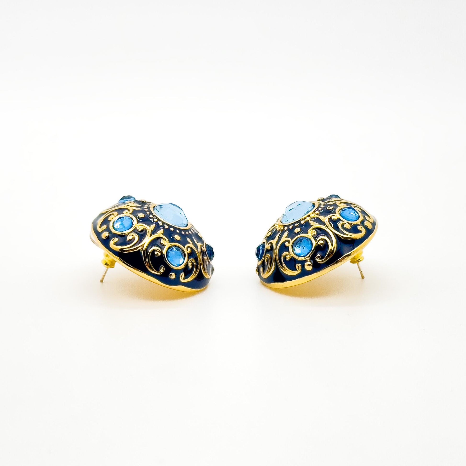 Vintage Court Style Blue Enamel Gemstone Stud Earrings Gold-Plated Copper
