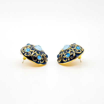 Vintage Court Style Blue Enamel Gemstone Stud Earrings Gold-Plated Copper