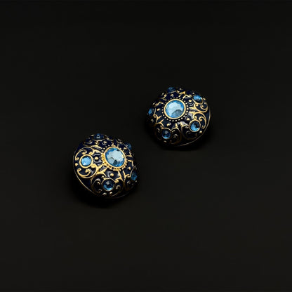 Vintage Court Style Blue Enamel Gemstone Stud Earrings Gold-Plated Copper