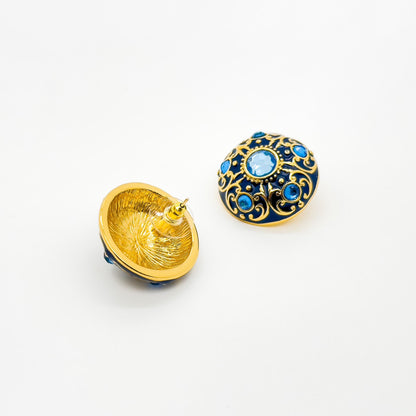 Vintage Court Style Blue Enamel Gemstone Stud Earrings Gold-Plated Copper