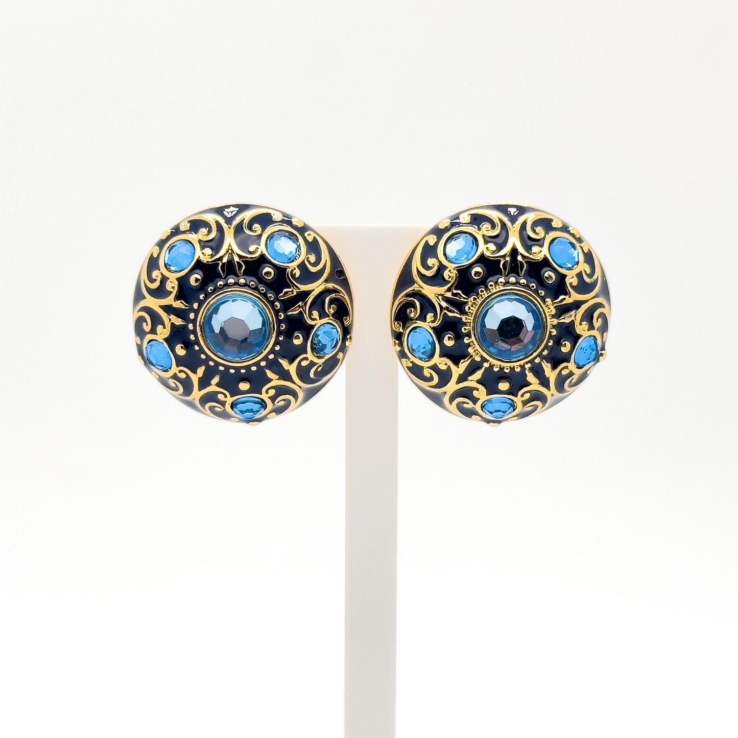 Vintage Court Style Blue Enamel Gemstone Stud Earrings Gold-Plated Copper