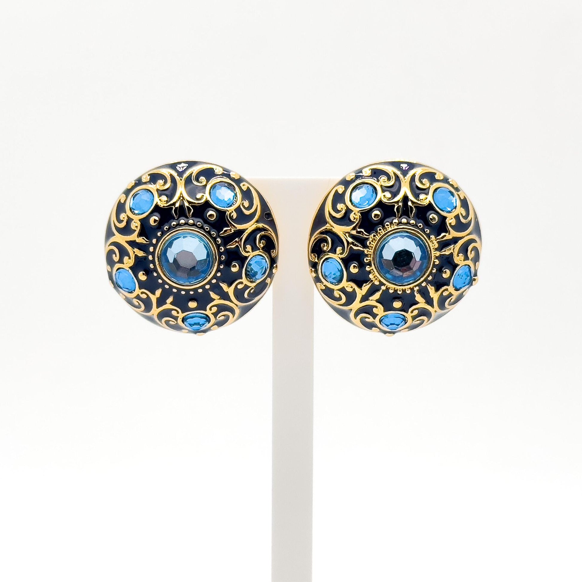 Vintage Court Style Blue Enamel Gemstone Stud Earrings Gold-Plated Copper