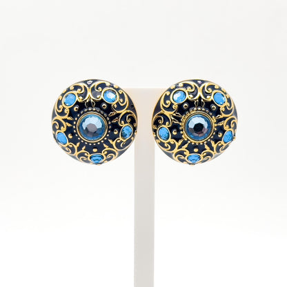 Vintage Court Style Blue Enamel Gemstone Stud Earrings Gold-Plated Copper