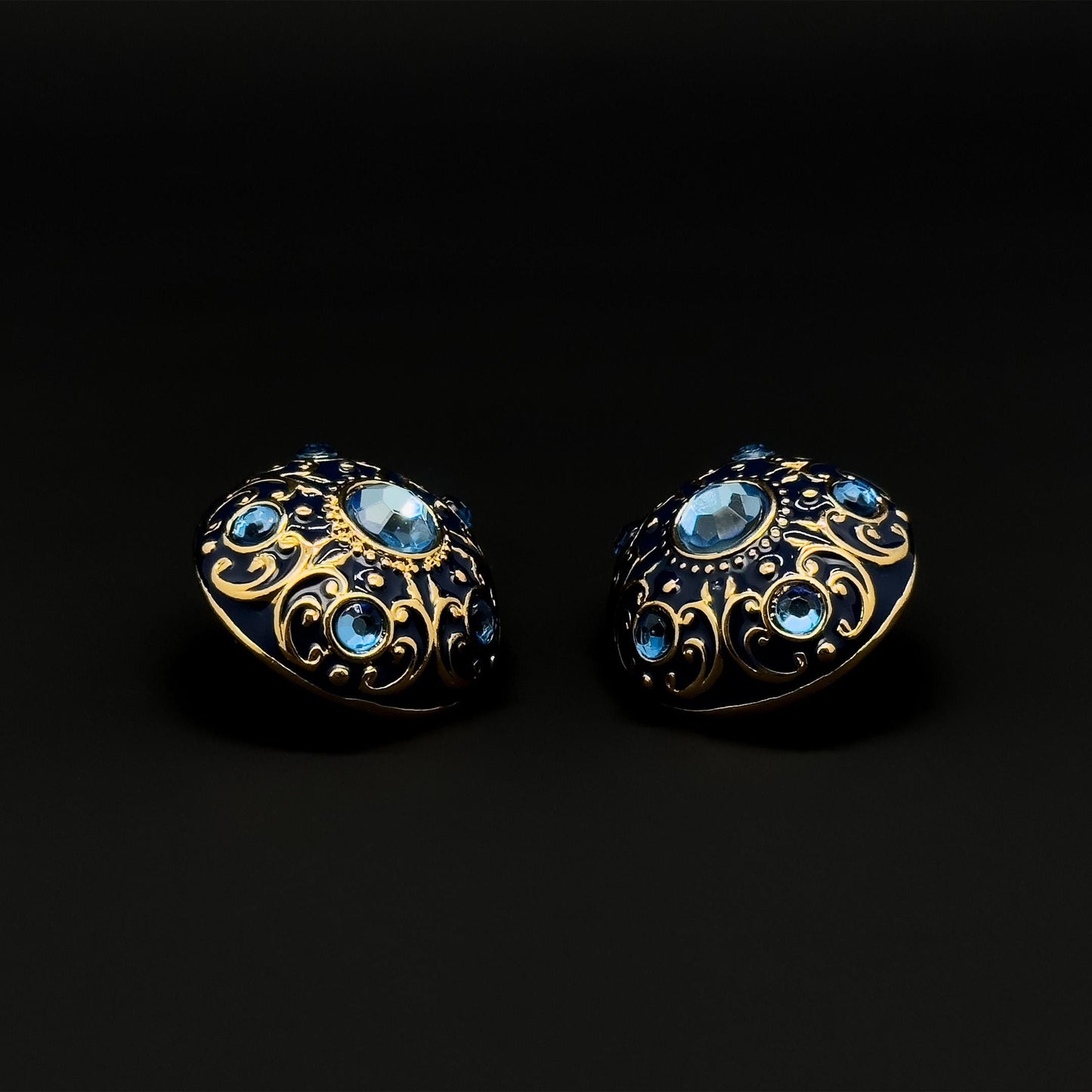 Vintage Court Style Blue Enamel Gemstone Stud Earrings Gold-Plated Copper