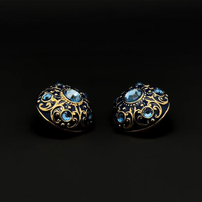 Vintage Court Style Blue Enamel Gemstone Stud Earrings Gold-Plated Copper