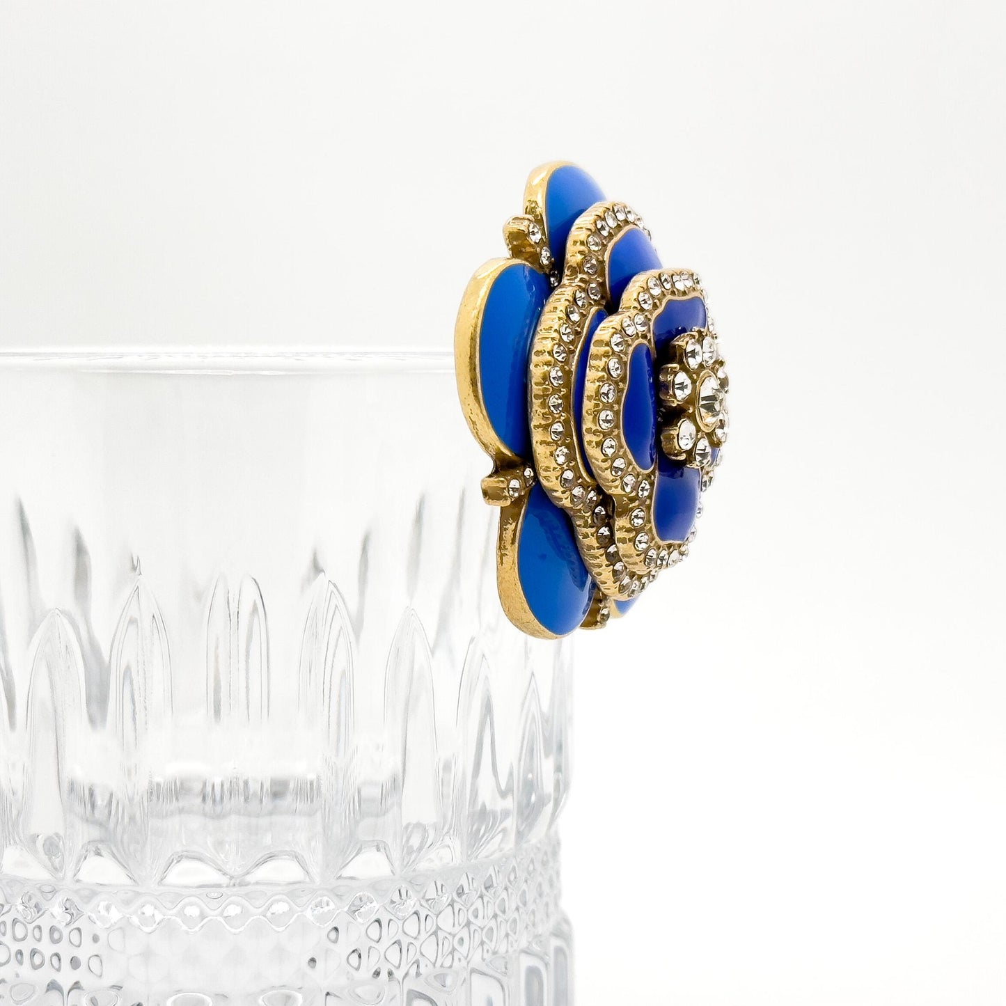 Vintage Blue Enamel Flower Brooch with Rhinestones and Gold