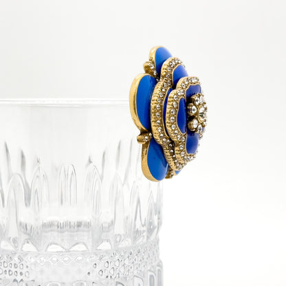 Vintage Blue Enamel Flower Brooch with Rhinestones and Gold