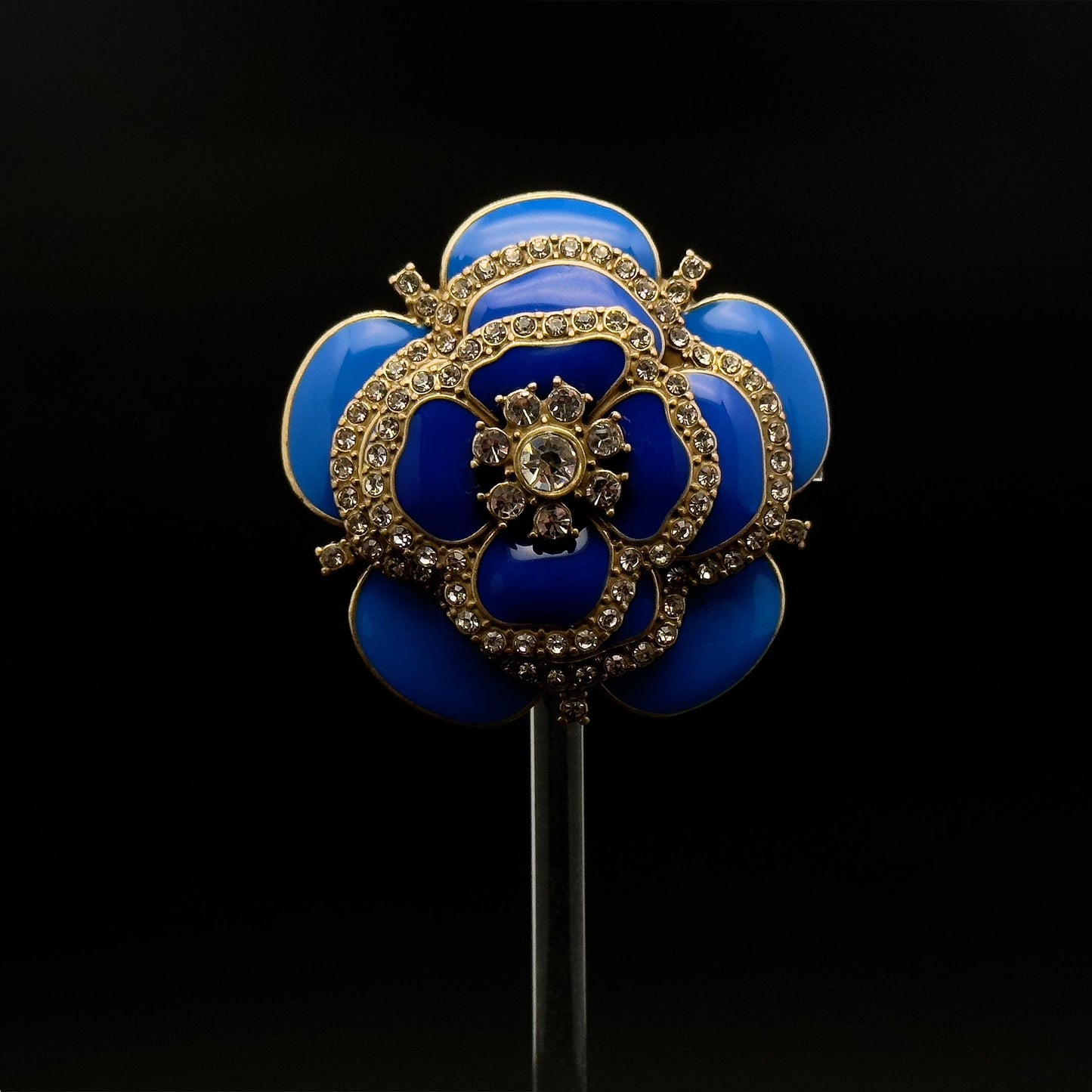 Vintage Blue Enamel Flower Brooch with Rhinestones and Gold