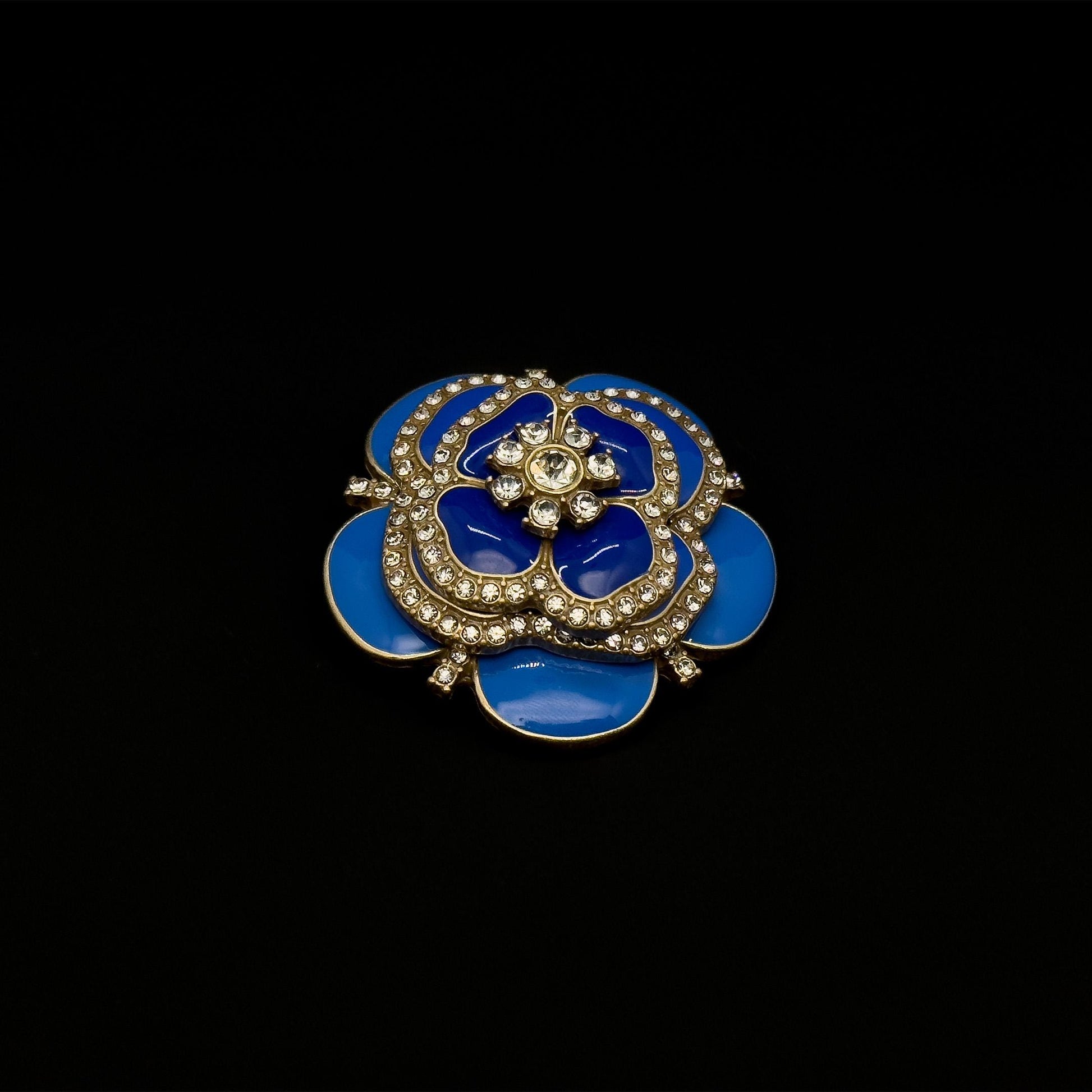 Vintage Blue Enamel Flower Brooch with Rhinestones and Gold