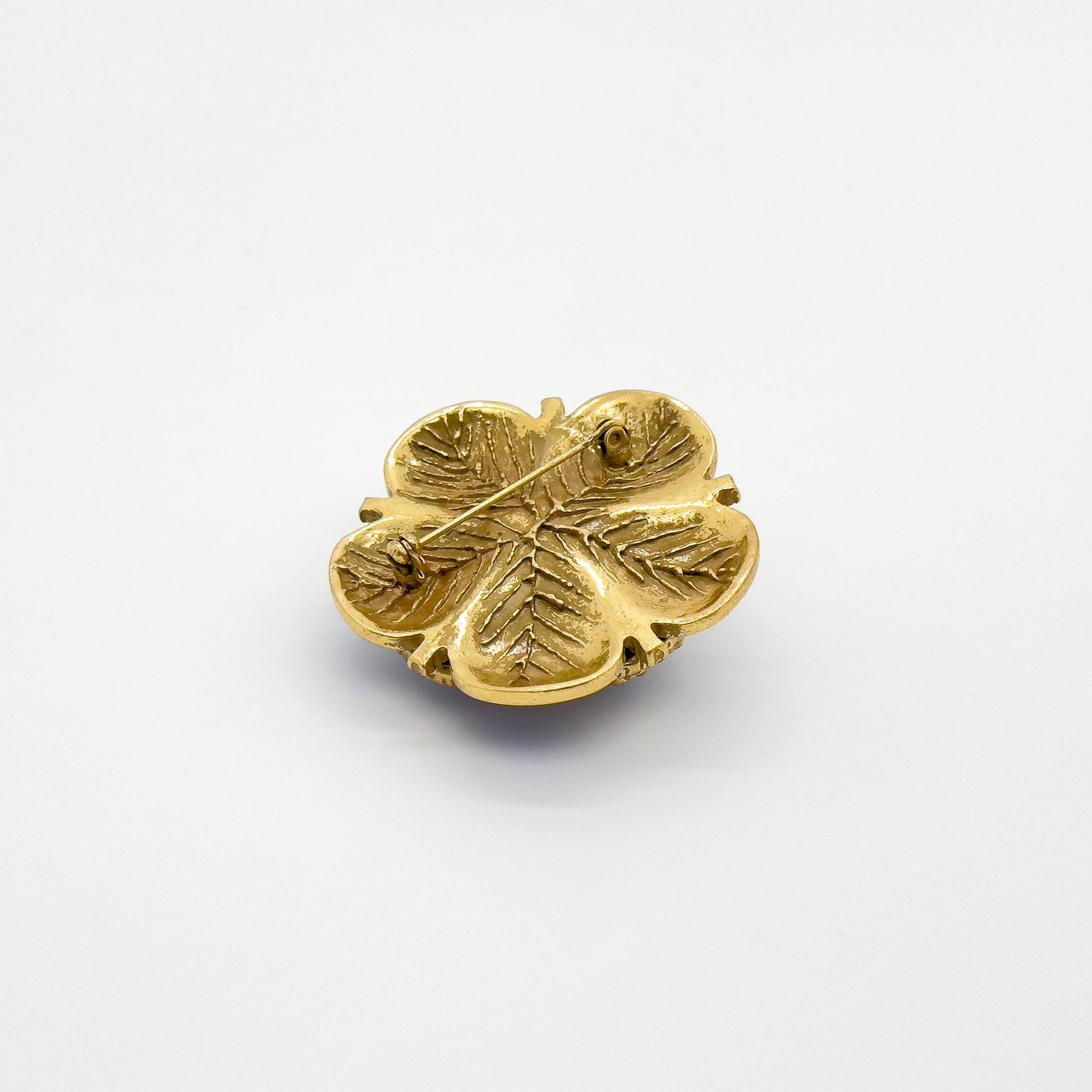 Vintage Blue Enamel Flower Brooch with Rhinestones and Gold