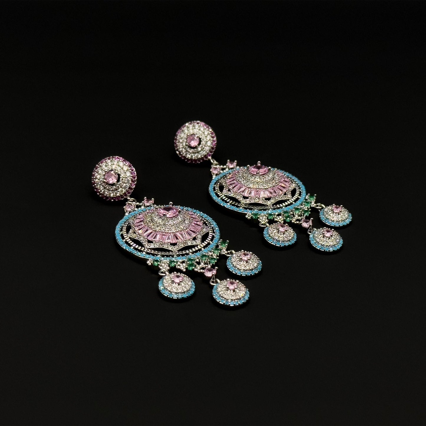 Luxury Pink Flower Dangle Earrings Rhinestone Silver-Plated Statement