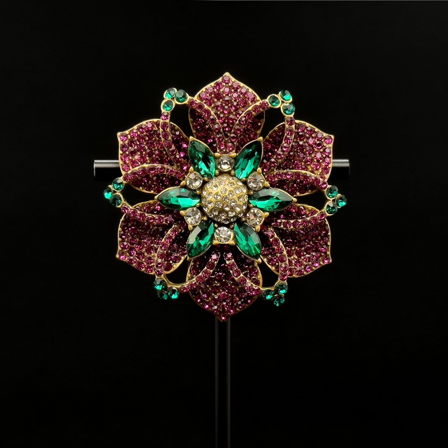 Vintage Art Deco Purple Flower Brooch Rhinestone Copper Accent