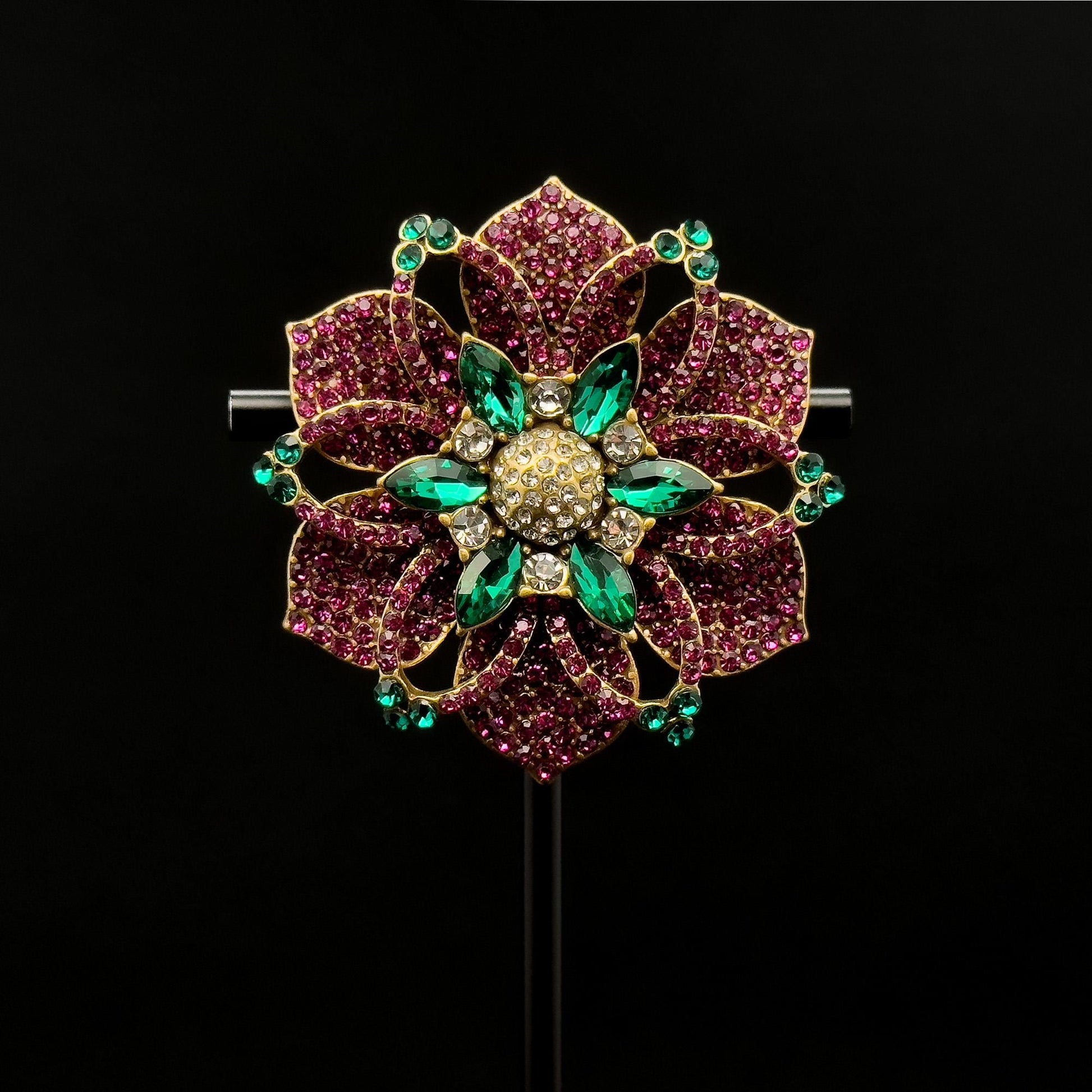 Vintage Art Deco Purple Flower Brooch Rhinestone Copper Accent