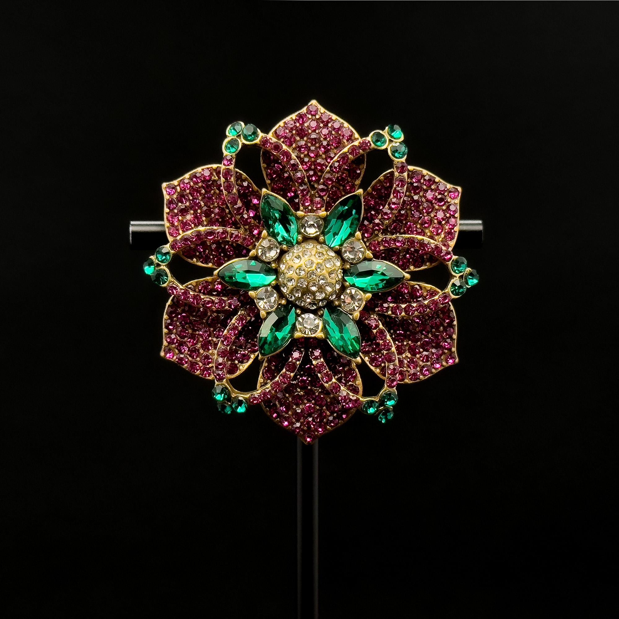 Vintage Art Deco Purple Flower Brooch Rhinestone Copper Accent