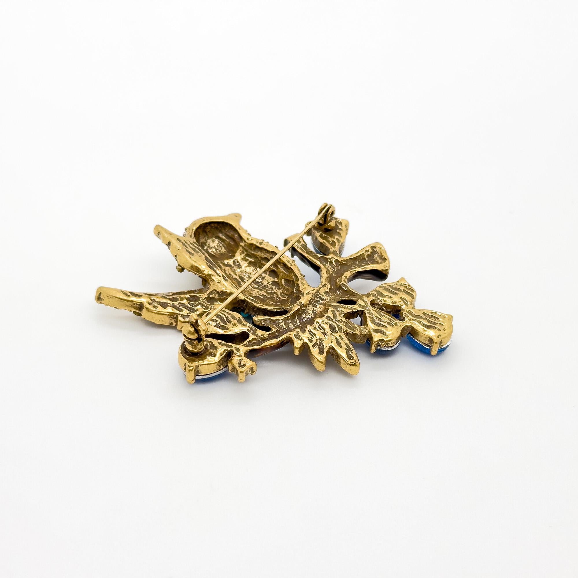 Vintage Art Deco Bird Rhinestone Gemstone Resin Copper Handmade Brooch