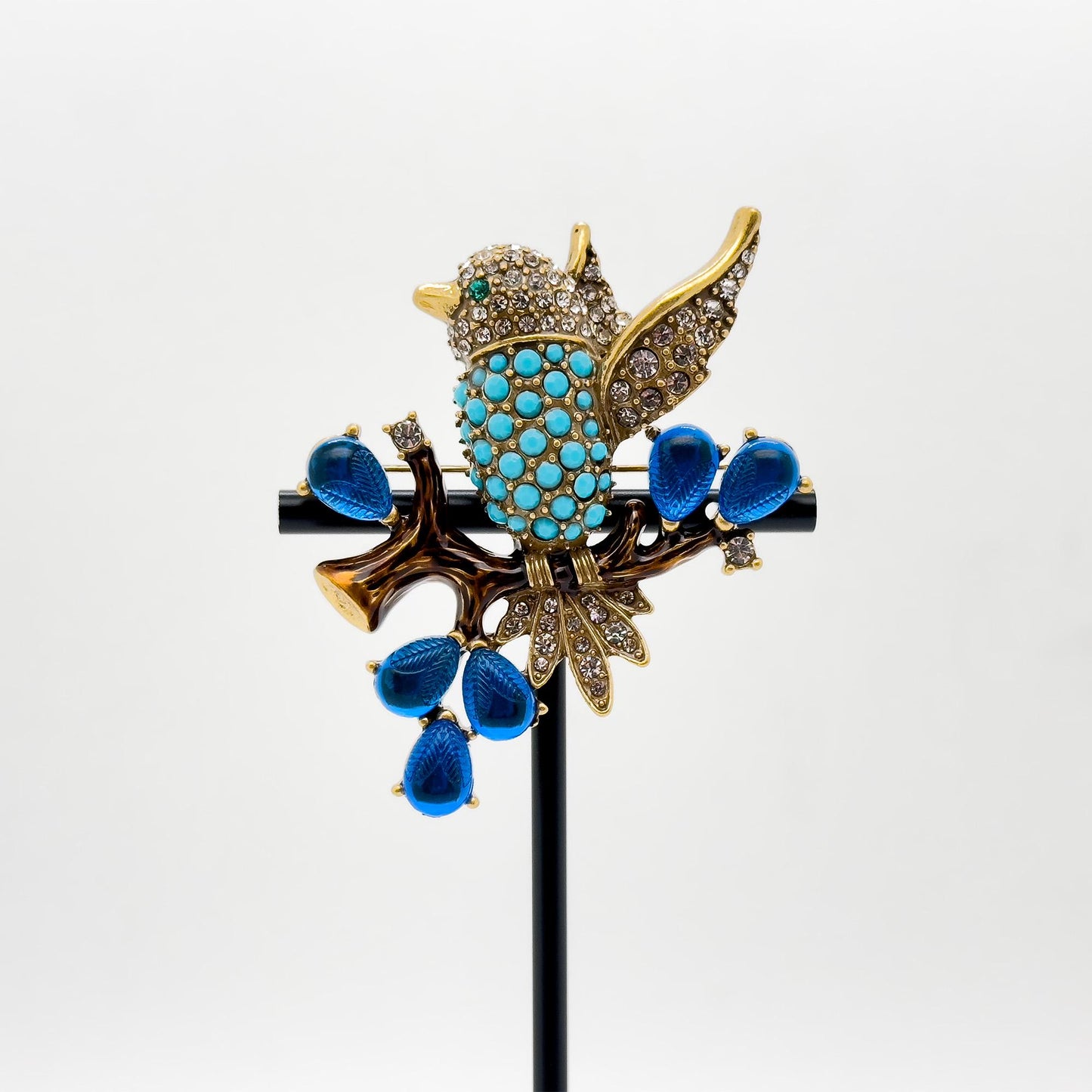 Vintage Art Deco Bird Rhinestone Gemstone Resin Copper Handmade Brooch