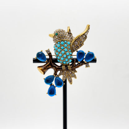 Vintage Art Deco Bird Rhinestone Gemstone Resin Copper Handmade Brooch