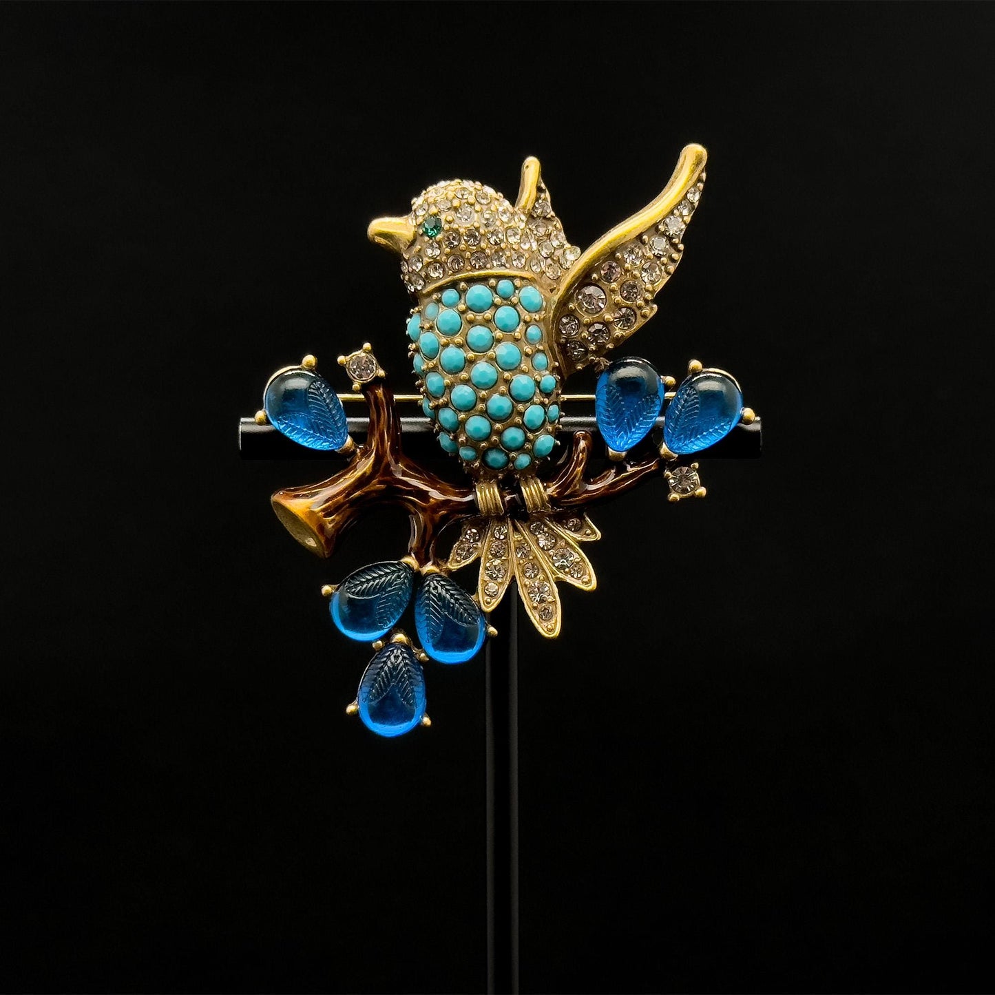 Vintage Art Deco Bird Rhinestone Gemstone Resin Copper Handmade Brooch