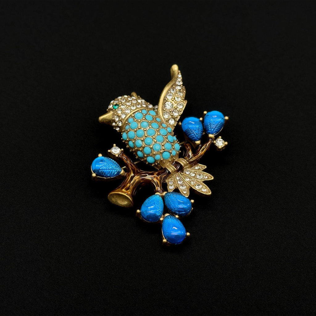 Vintage Art Deco Bird Rhinestone Gemstone Resin Copper Handmade Brooch