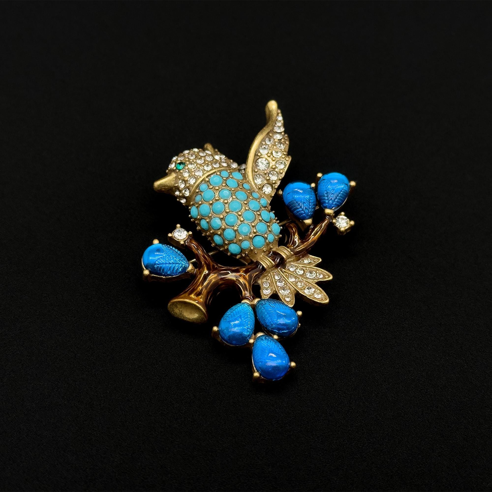 Vintage Art Deco Bird Rhinestone Gemstone Resin Copper Handmade Brooch