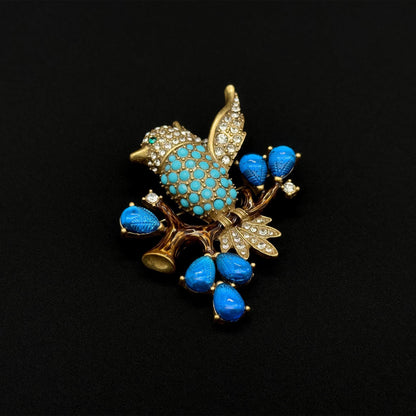 Vintage Art Deco Bird Rhinestone Gemstone Resin Copper Handmade Brooch