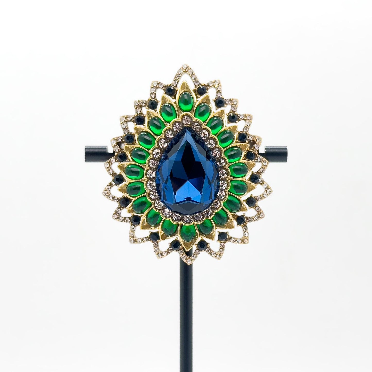 Vintage Art Deco Teardrop Brooch with 3D Flower and Rhinestones