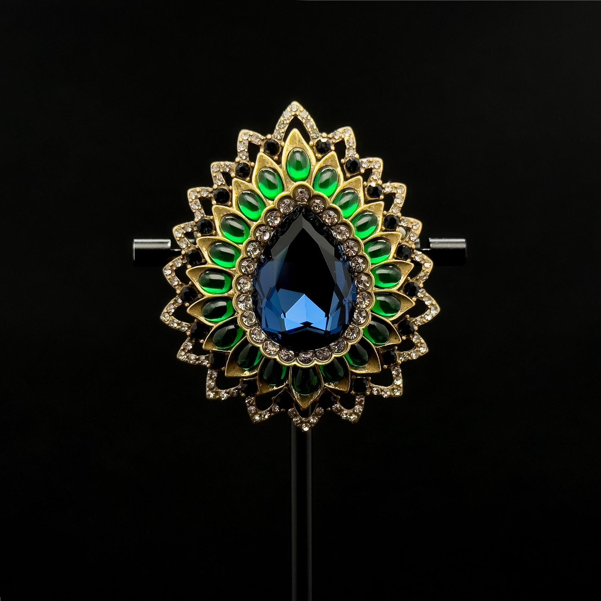 Vintage Art Deco Teardrop Brooch with 3D Flower and Rhinestones