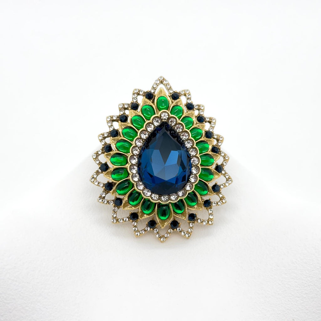 Vintage Art Deco Teardrop Brooch with 3D Flower and Rhinestones